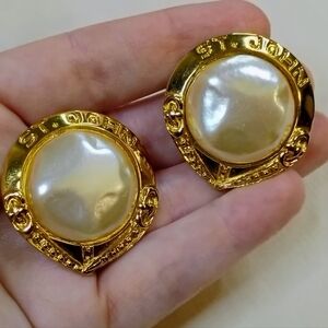 St. John Vintage LARGE Faux Pearl And Gold Clip-on Earrings